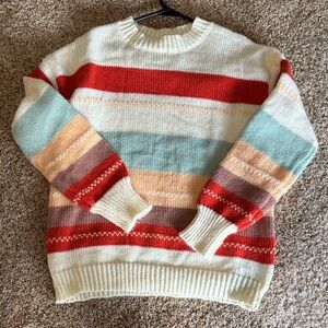 Striped Crewneck Women’s Sweater in Cream, Red & Pastel Stripes